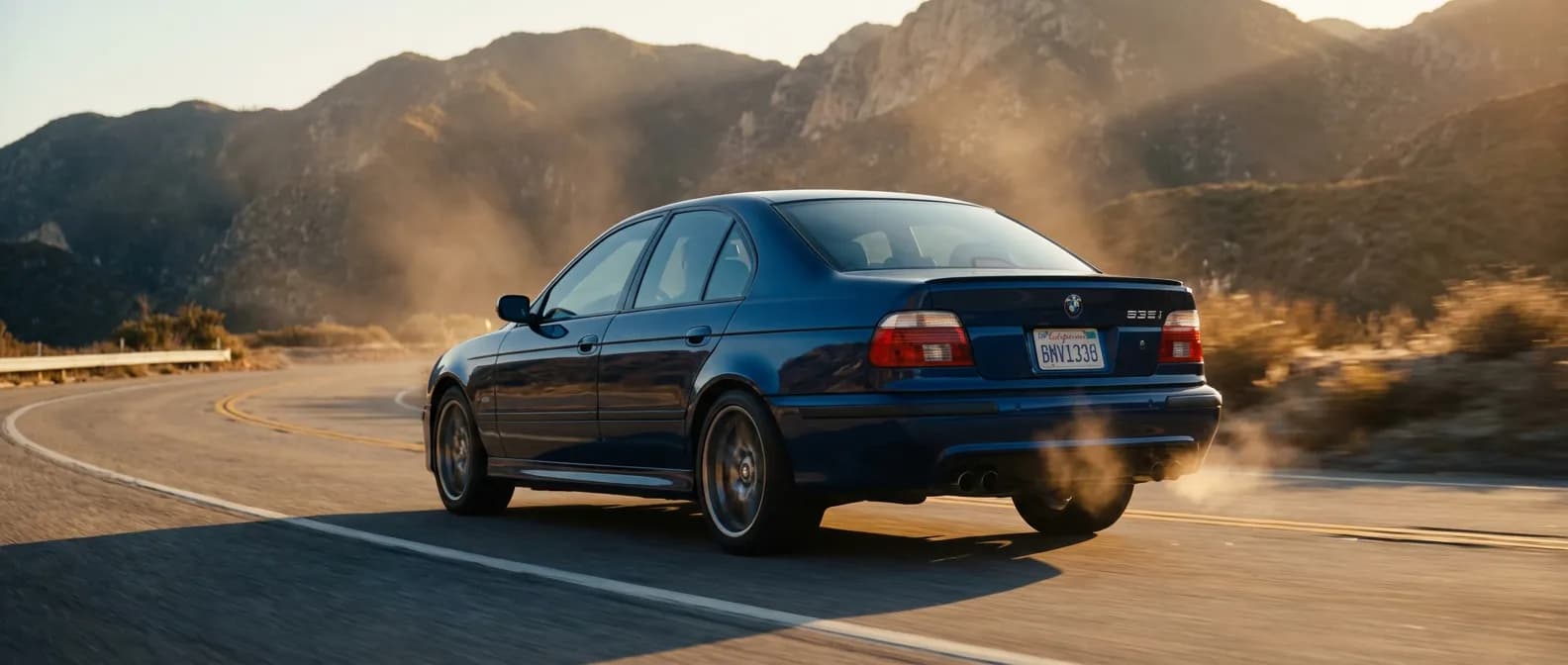 BMW 535i E39 bleue en mouvement sur une route de montagne, éclairée par le soleil couchant.