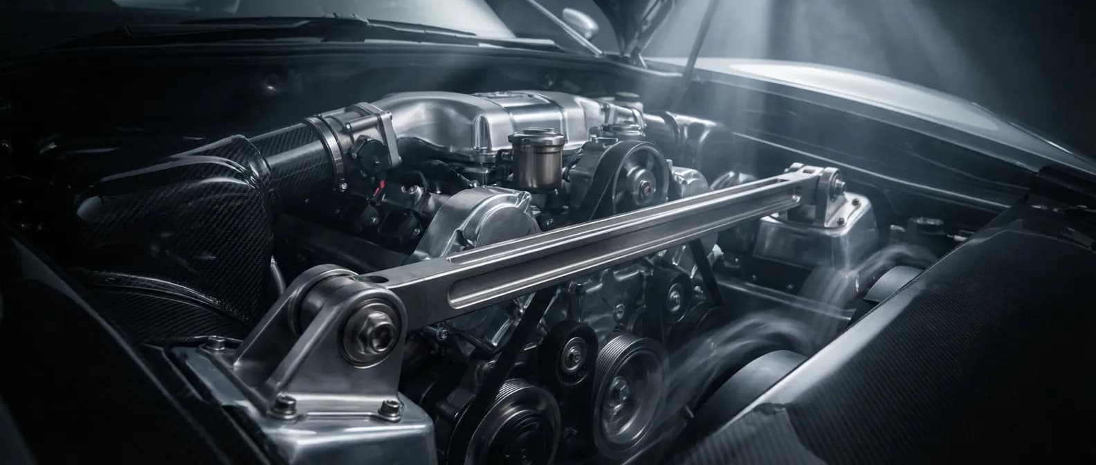 Vue cinématographique d'un moteur de voiture de performance, mettant en avant la biellette de reprise de couple et la mécanique de précision.