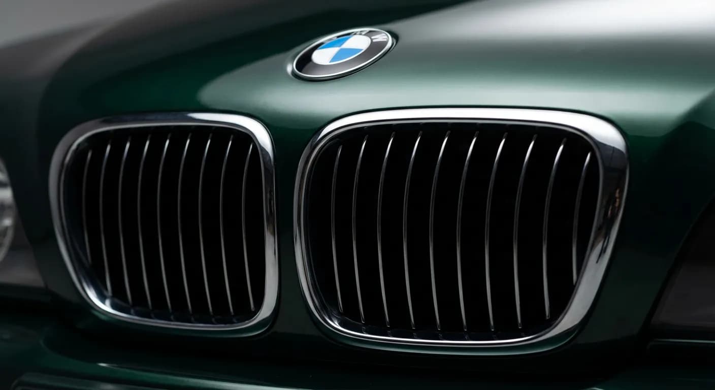Logo BMW et calandre iconique d'une 535i E39, gros plan.