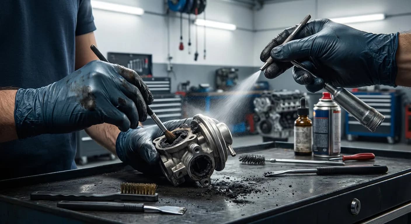 Illustration montrant les mains d'un mécanicien expert nettoyant méticuleusement une vanne EGR encrassée, soulignant l'importance de l'entretien.