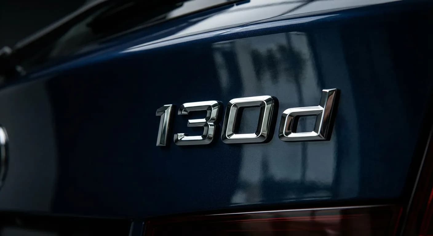 BMW 130d : avis, fiche technique et fiabilité du moteur Détail emblématique du badge '130d' BMW, gros plan haute définition.