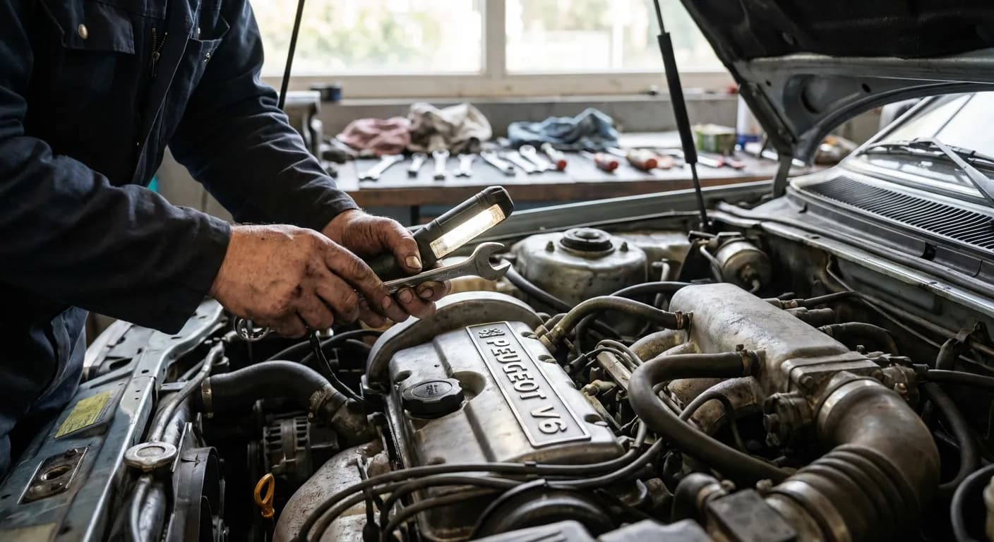 Entretien et Fiabilité : Le cœur de la Peugeot 505 V6 Mains d'un mécanicien expert inspectant le moteur V6 d'une Peugeot 505 pour l'entretien.