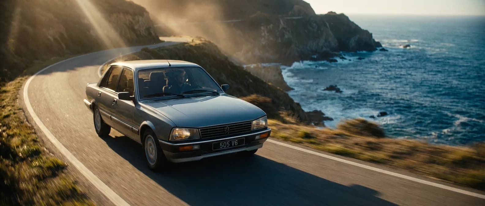 Peugeot 505 V6 : Légende des Années 80 sous le soleil couchant Peugeot 505 V6 grise filant sur une route côtière au coucher du soleil, image épique.
