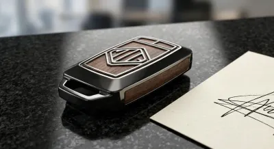 Clé de voiture stylisée posée sur un contrat, symbolisant l'achat et la transaction.