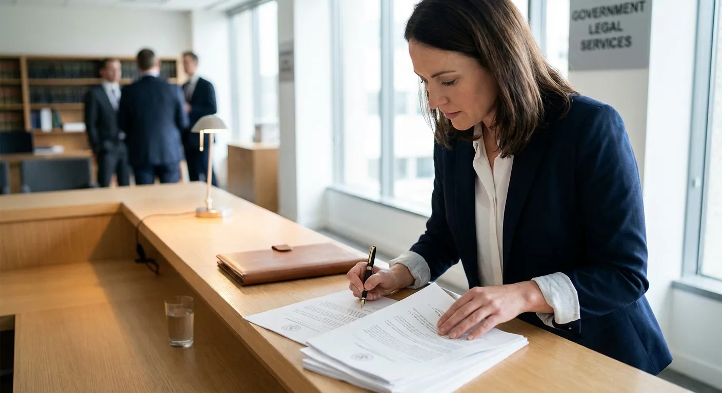 Signature de la mainlevée : La solution retrouvée Une personne signant des documents officiels sur un comptoir administratif, représentant la procédure de mainlevée pour un véhicule immobilisé.