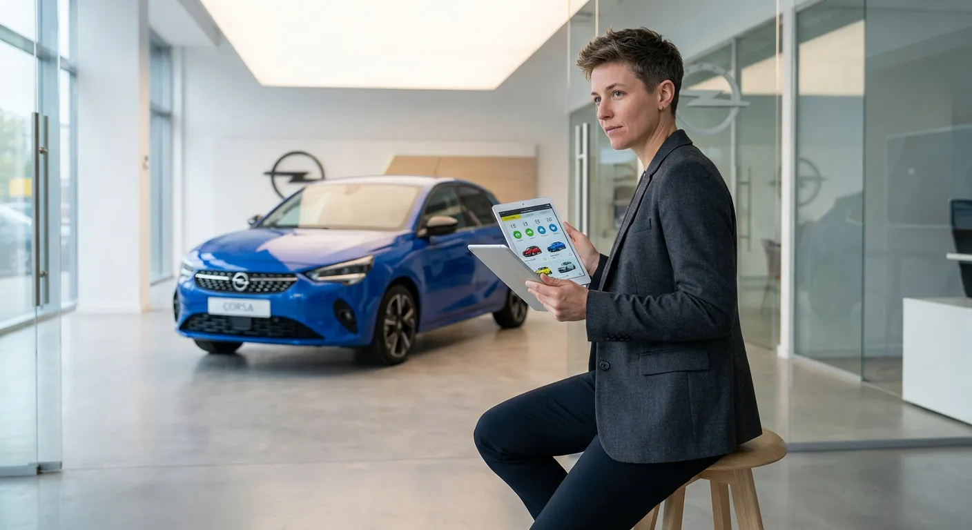 Personne consultant des offres pour la nouvelle Opel Corsa sur une tablette dans un showroom moderne.