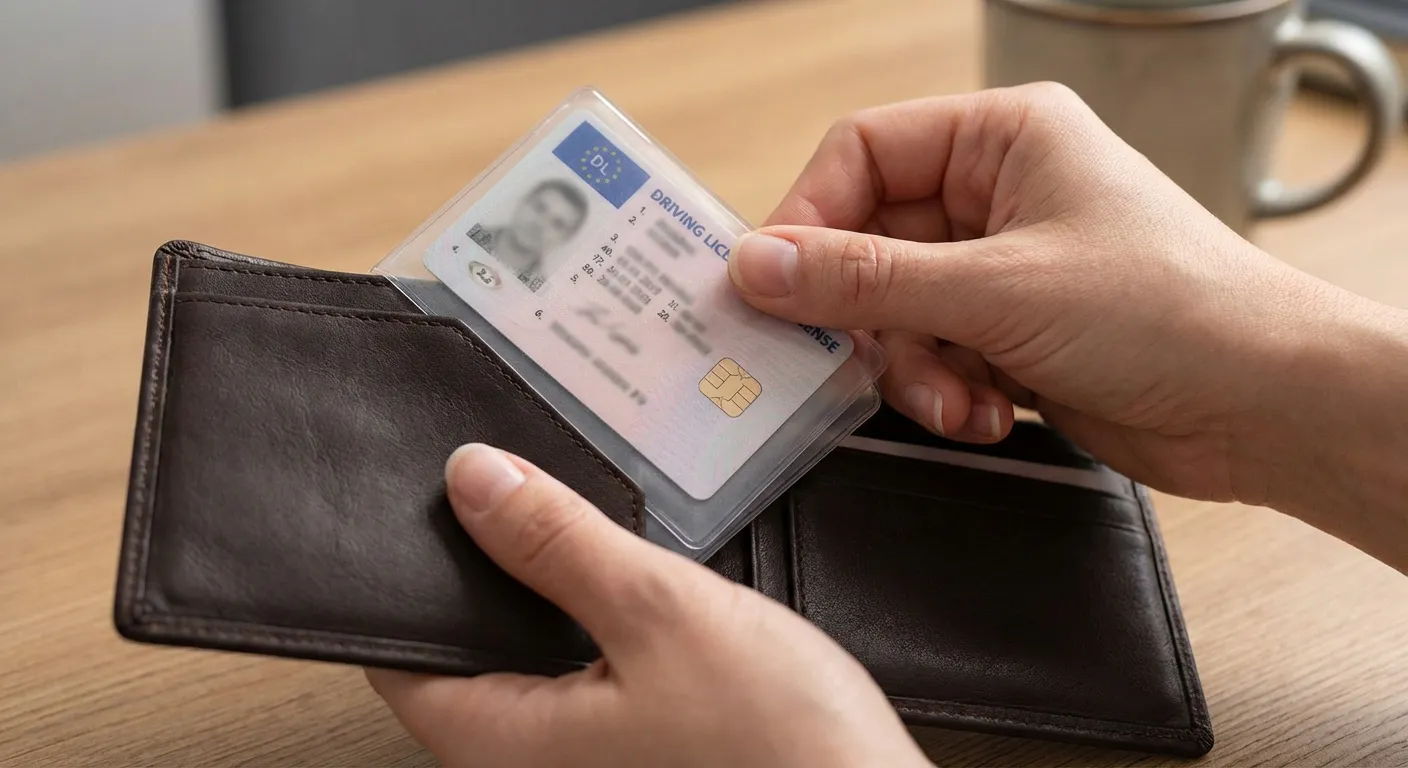 Des mains insèrent délicatement un permis de conduire dans une pochette de protection, illustrant une méthode sûre.