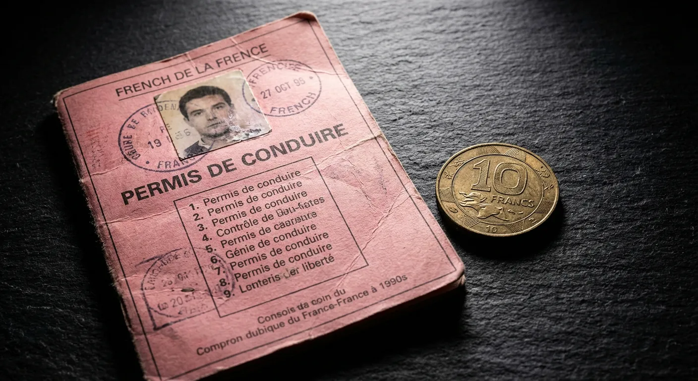 Détail d'un permis de conduire français des années 90 avec des francs, symbole du prix du permis à cette période.