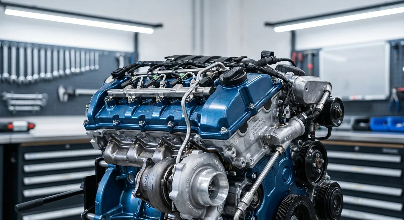 Gros plan détaillé du moteur 6 cylindres diesel de la BMW 130d en atelier.