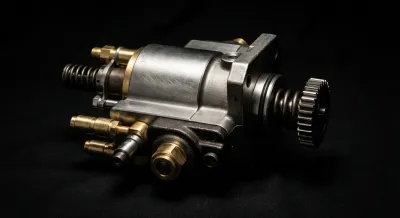 Gros plan iconique d'une pompe à injection pour moteur diesel sur fond noir.