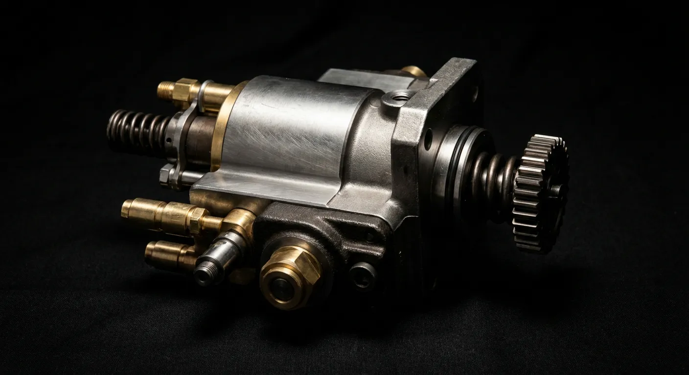 Gros plan iconique d'une pompe à injection pour moteur diesel sur fond noir.