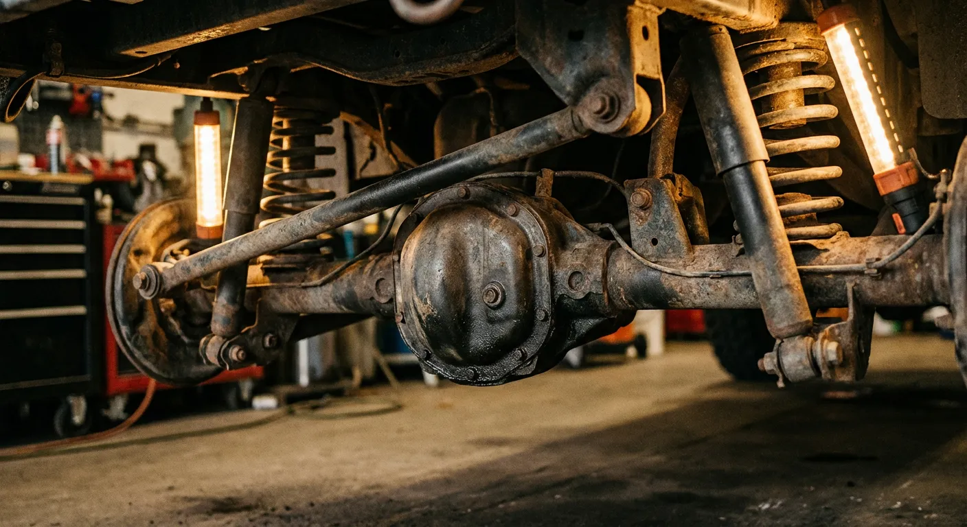 Détail mécanique du train arrière d'une Peugeot 206 montrant l'usure