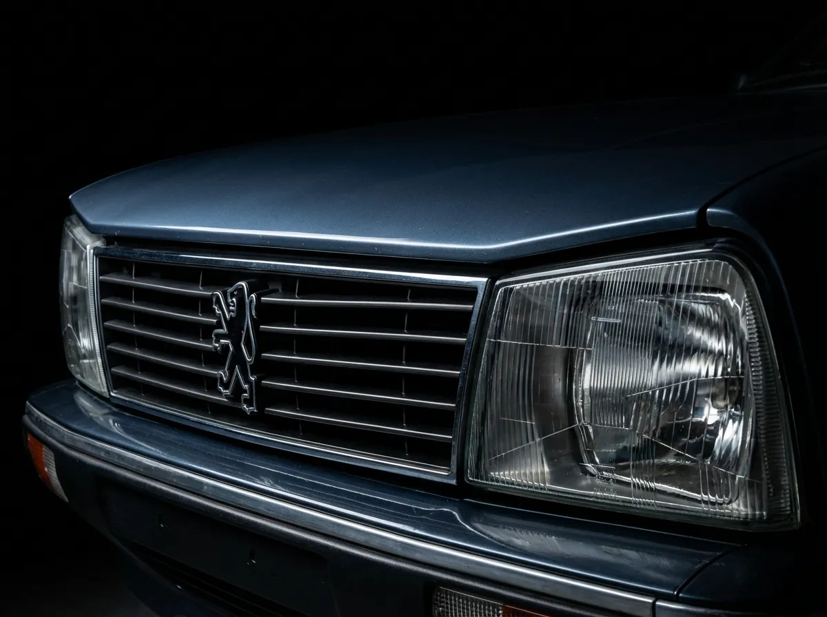 Détail emblématique de la calandre et des phares avant de la Peugeot 505 V6, fort contraste.