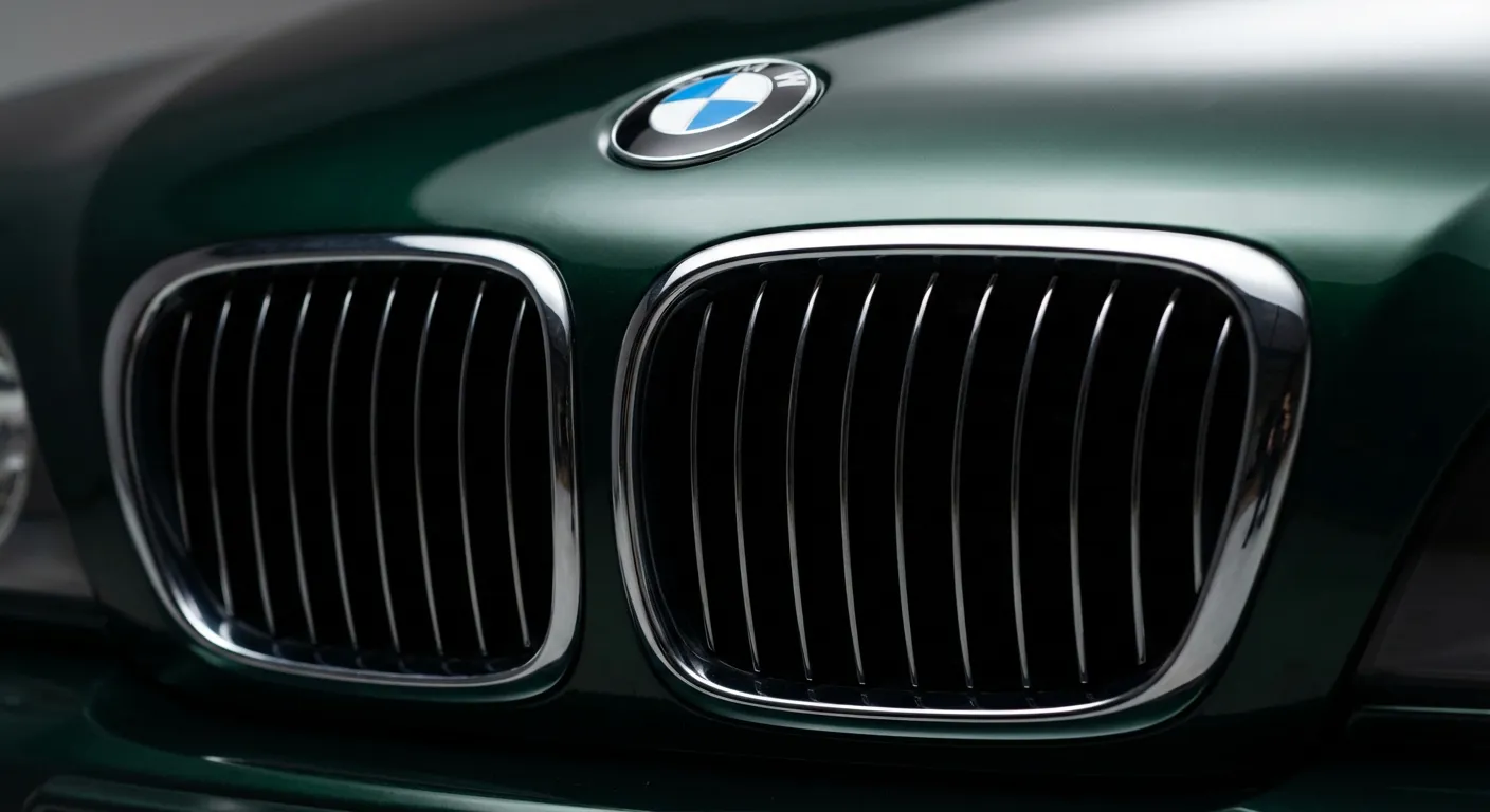 Logo BMW et calandre iconique d'une 535i E39, gros plan.