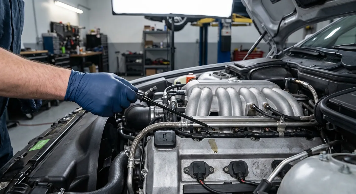 Le cœur V8 M62B35 de la 535i E39 sous l'œil expert Moteur V8 M62B35 de la BMW 535i E39 en entretien, gros plan sur un détail.