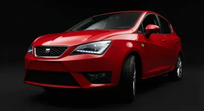 Face avant d'une SEAT Ibiza 6J rouge sur fond noir, éclairage studio