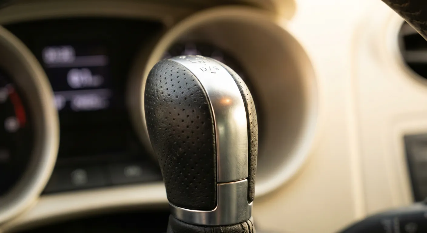 Focus sur la boîte de vitesses DSG7 de l'Ibiza 6J Gros plan sur le levier de vitesse de la boîte DSG7 d'une SEAT Ibiza 6J