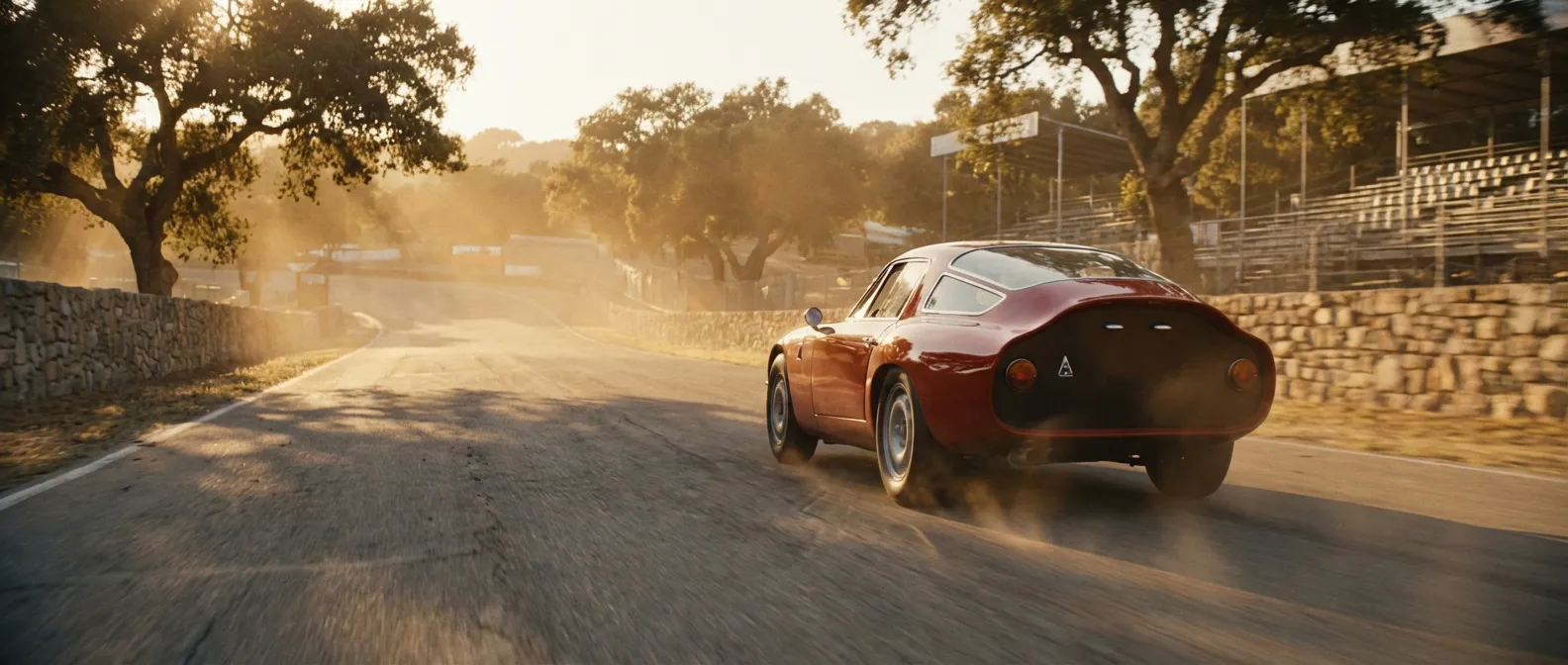 Image d'en-tête cinématographique d'une Alfa Romeo TZ1 de course sur une piste historique au coucher du soleil, avec une lumière dorée et des détails profonds.