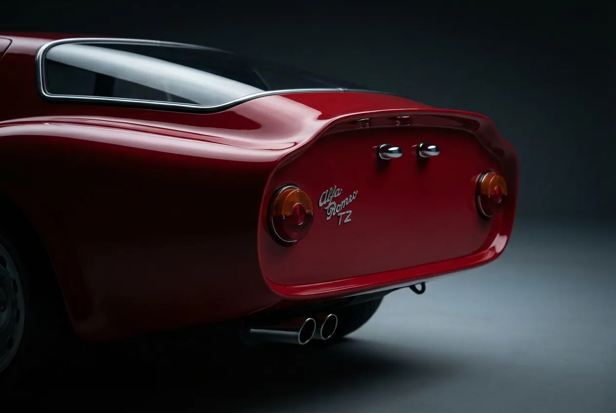 Miniature en gros plan du design arrière distinctif 'Coda Tronca' de l'Alfa Romeo TZ2, éclairée par une lumière de studio dramatique.