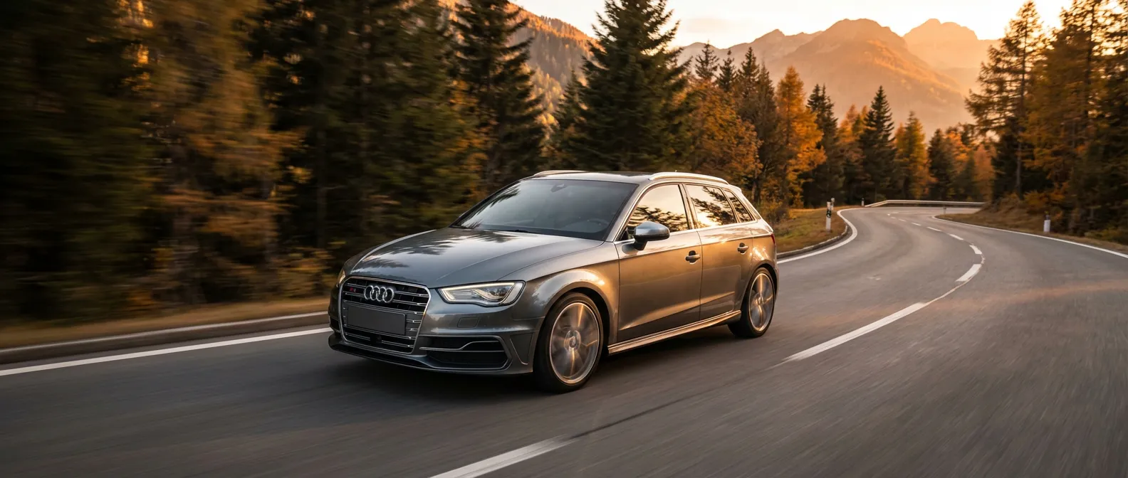 Une Audi A3 équipée du moteur 35 TDI circulant sur une route de montagne pittoresque au coucher du soleil.