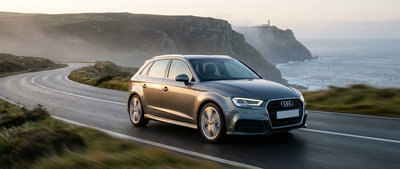 Audi A3 Sportback 35 TDI S Line en mouvement sur une route côtière au lever du soleil