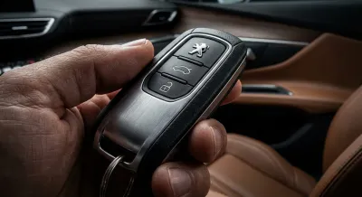 Gros plan iconique d'une clé de voiture Peugeot 308.