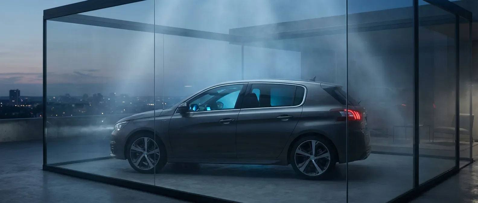 Peugeot 308 élégante dans un garage moderne avec éclairage d'ambiance bleu.