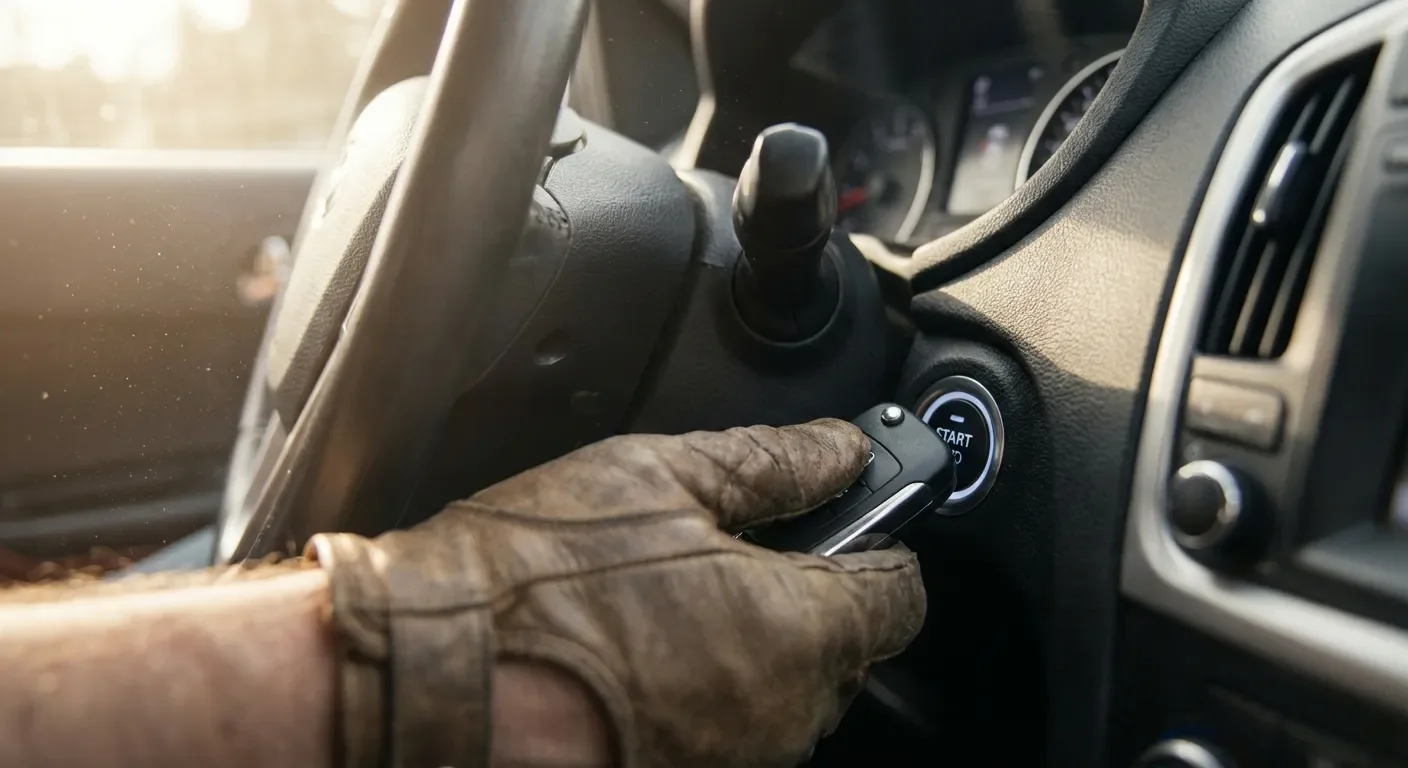 Procédure de démarrage d'urgence d'une Peugeot 308 avec la clé sur la zone de secours.