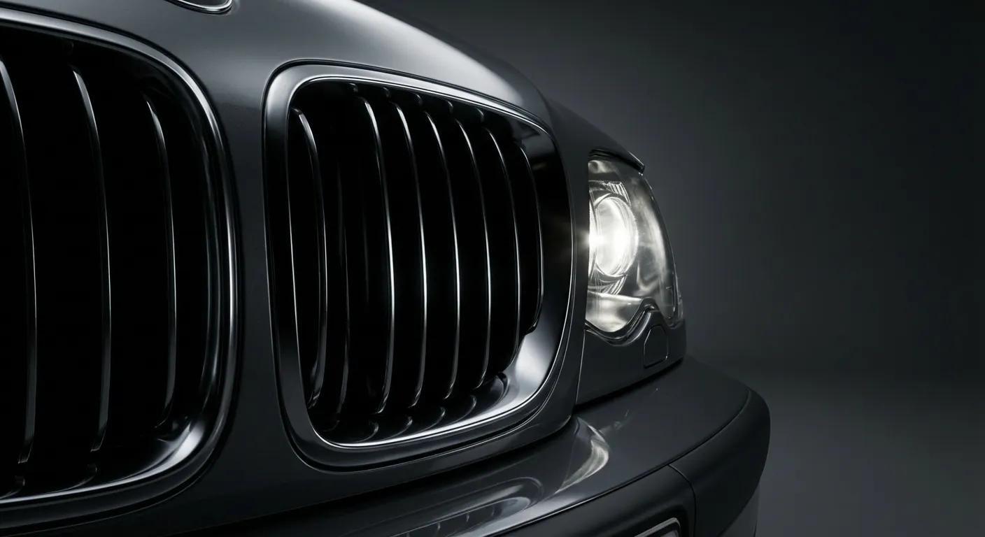 Gros plan minimaliste et contrasté sur la calandre et le phare d'une BMW E46 320d.