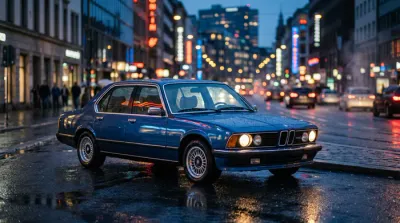 Photo iconique de face de la BMW E23 745i