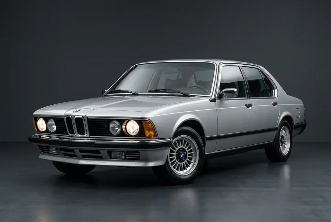 Vue panoramique de la BMW E23 745i sous des lumières urbaines