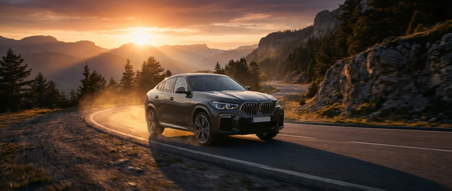 Image de bannière : Un BMW X6 M50d gris foncé roule sur une route de montagne sinueuse au coucher du soleil, reflétant la lumière dorée, avec un paysage épique en arrière-plan.