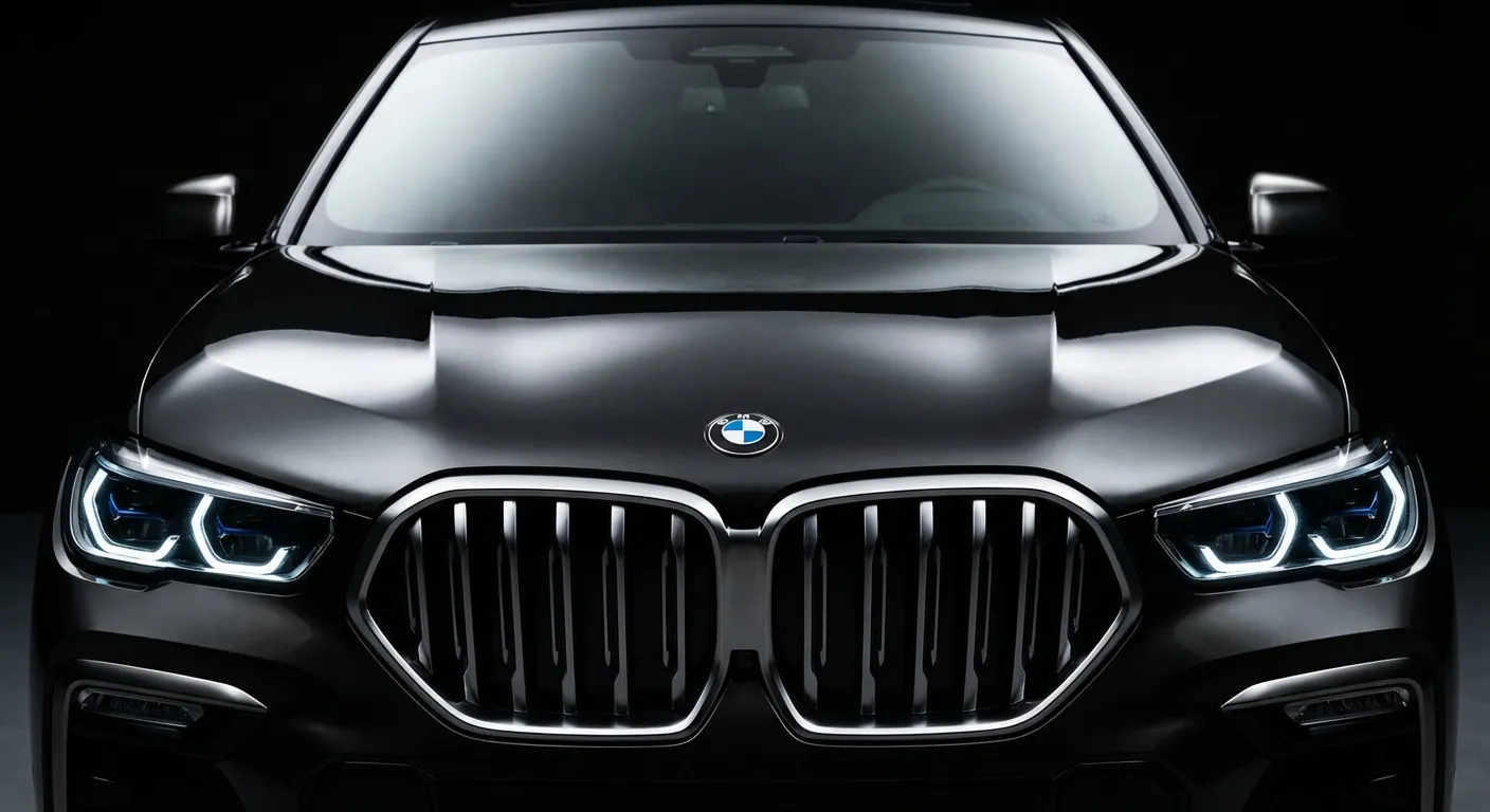 Miniature : Gros plan emblématique de la calandre noire et des phares LED perçants du BMW X6 M50d, avec un fort contraste, parfait pour la visibilité mobile.