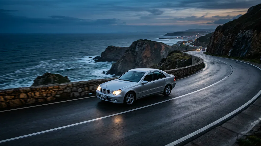 Mercedes C 270 CDI roulant sur une route côtière au crépuscule