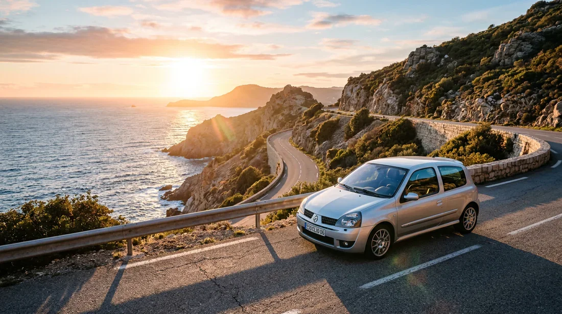 La Clio 2 sous la lumière dorée Vue panoramique d'une Renault Clio 2 sur une route côtière au coucher du soleil