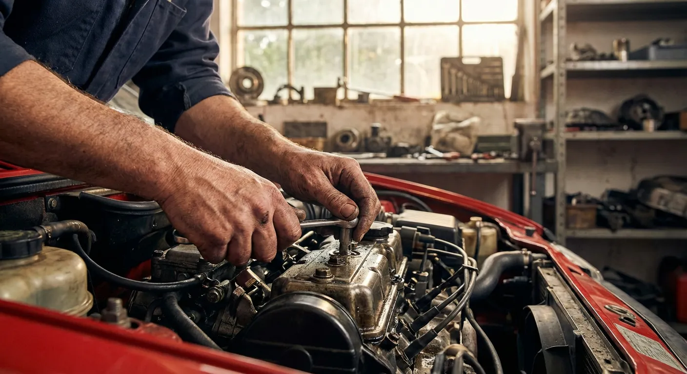 Détail macro du moteur d'une Citroën Visa GTI en cours de restauration dans un atelier, mains d'expert en mécanique.