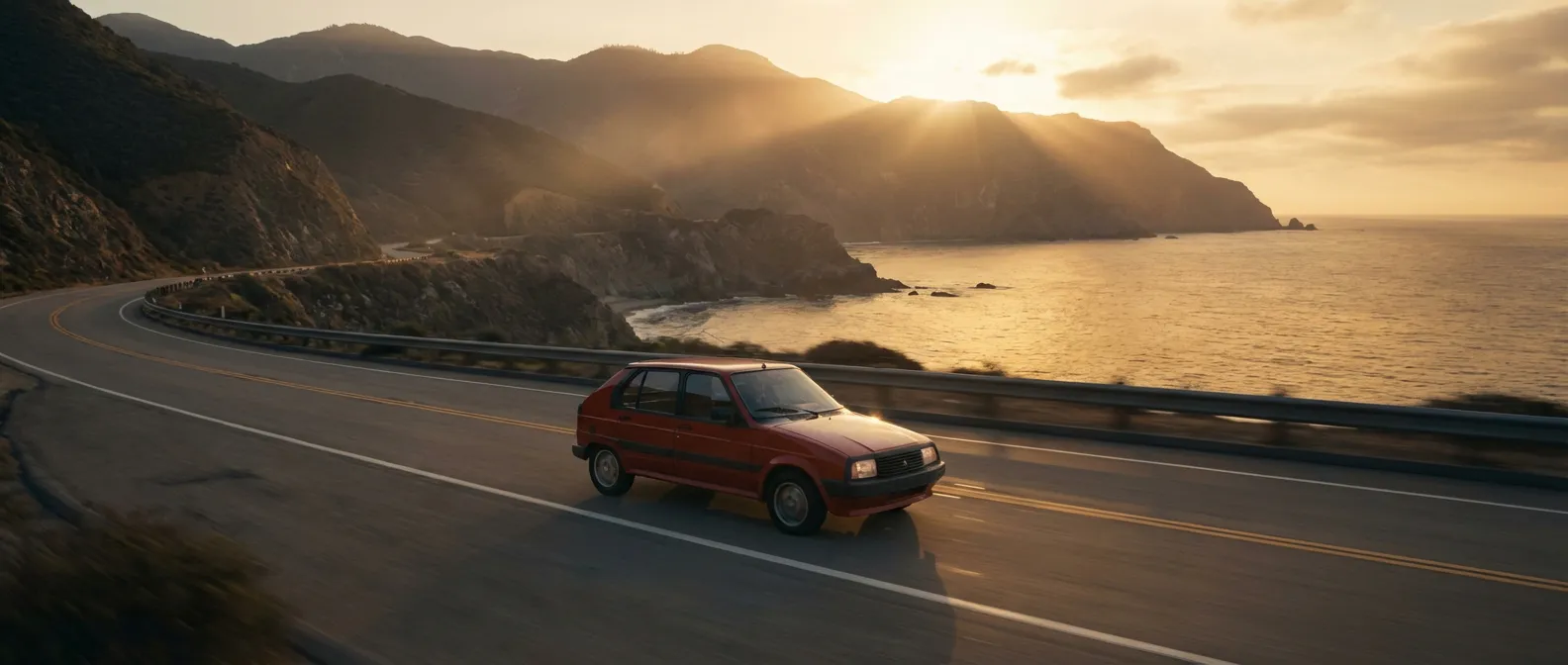 Une Citroën Visa GTI rouge emblématique roulant sur une route de campagne sinueuse au coucher du soleil, ambiance cinématique, profondeur de champ.