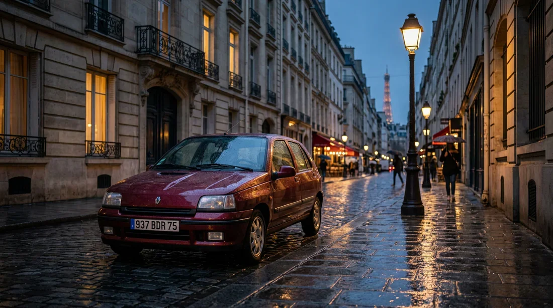 Vue cinématographique d'une Renault Clio 1 RN stationnée dans une rue parisienne sous la pluie au crépuscule