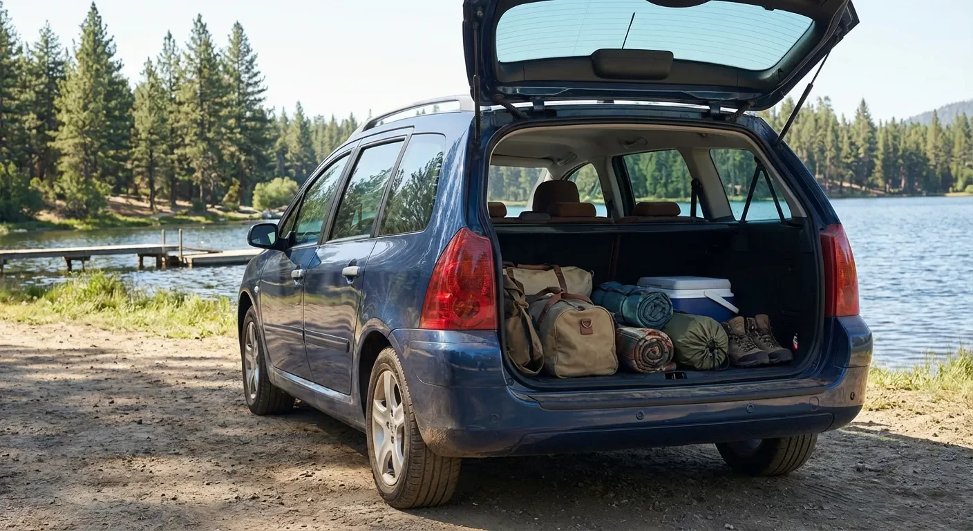 Coffre ouvert d'une Peugeot 307 SW, montrant sa modularité et son grand volume, avec des sièges rabattus et des bagages prêts pour le voyage.