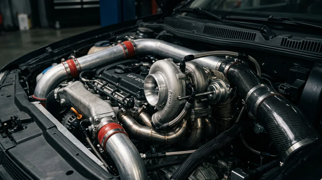 Bannière éditoriale Golf 4 GTI Vue cinématique d'une Golf 4 GTI sur une route côtière au coucher du soleil