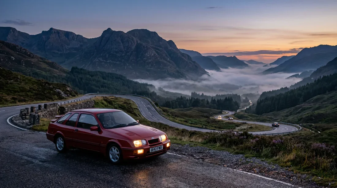 Ford Sierra XR4i 2.8 V6 stationnée sur une route de montagne au crépuscule