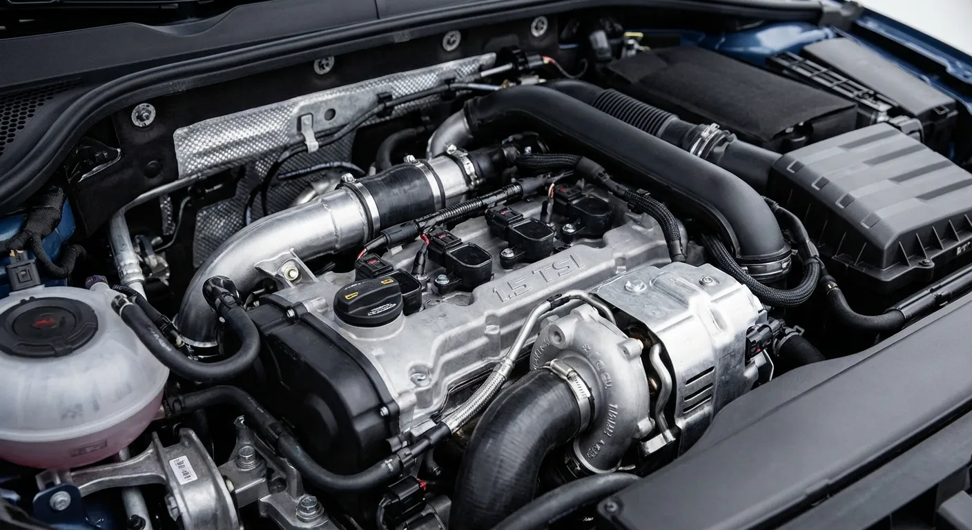 Vue détaillée du moteur Volkswagen 1.5 TSI 150 cv sous le capot d'une Golf 8, montrant ses composants techniques.