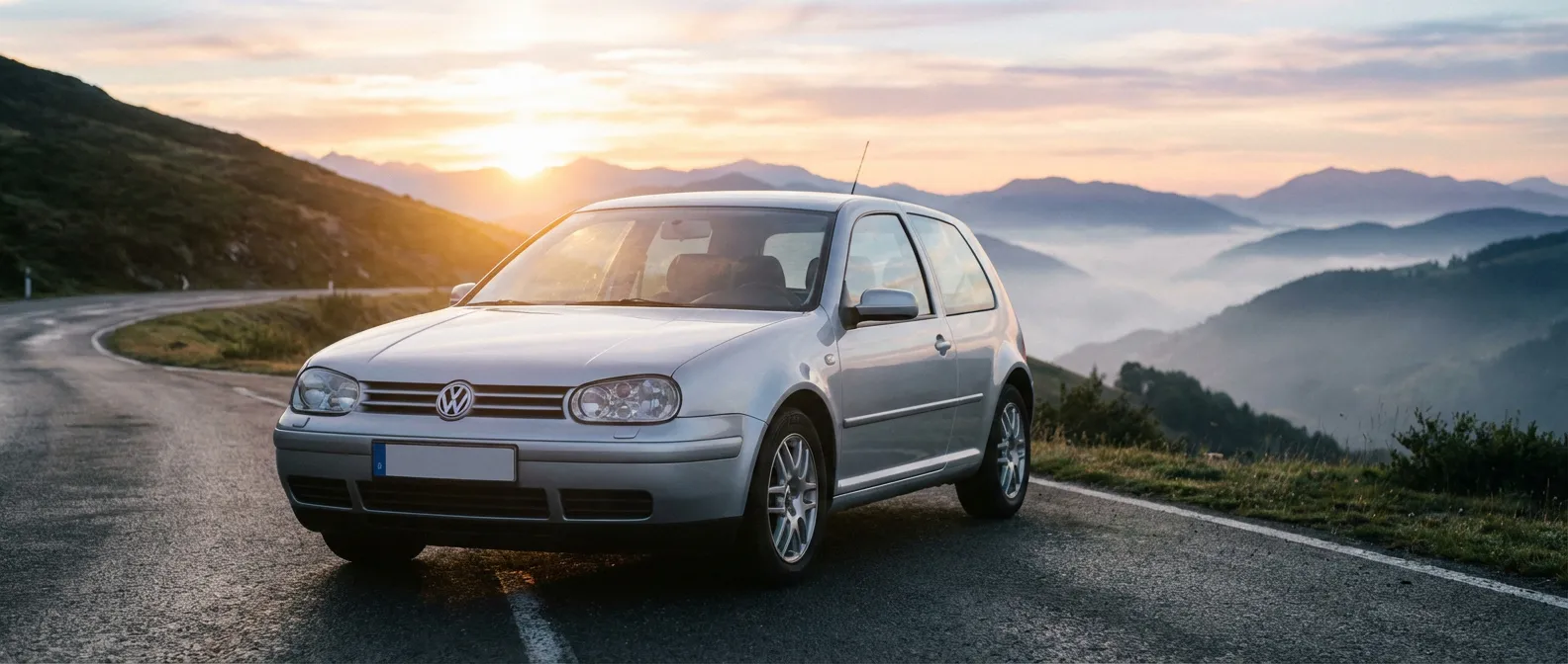 Volkswagen Golf 4 1.6 SR argentée sur une route de montagne au lever du soleil style magazine