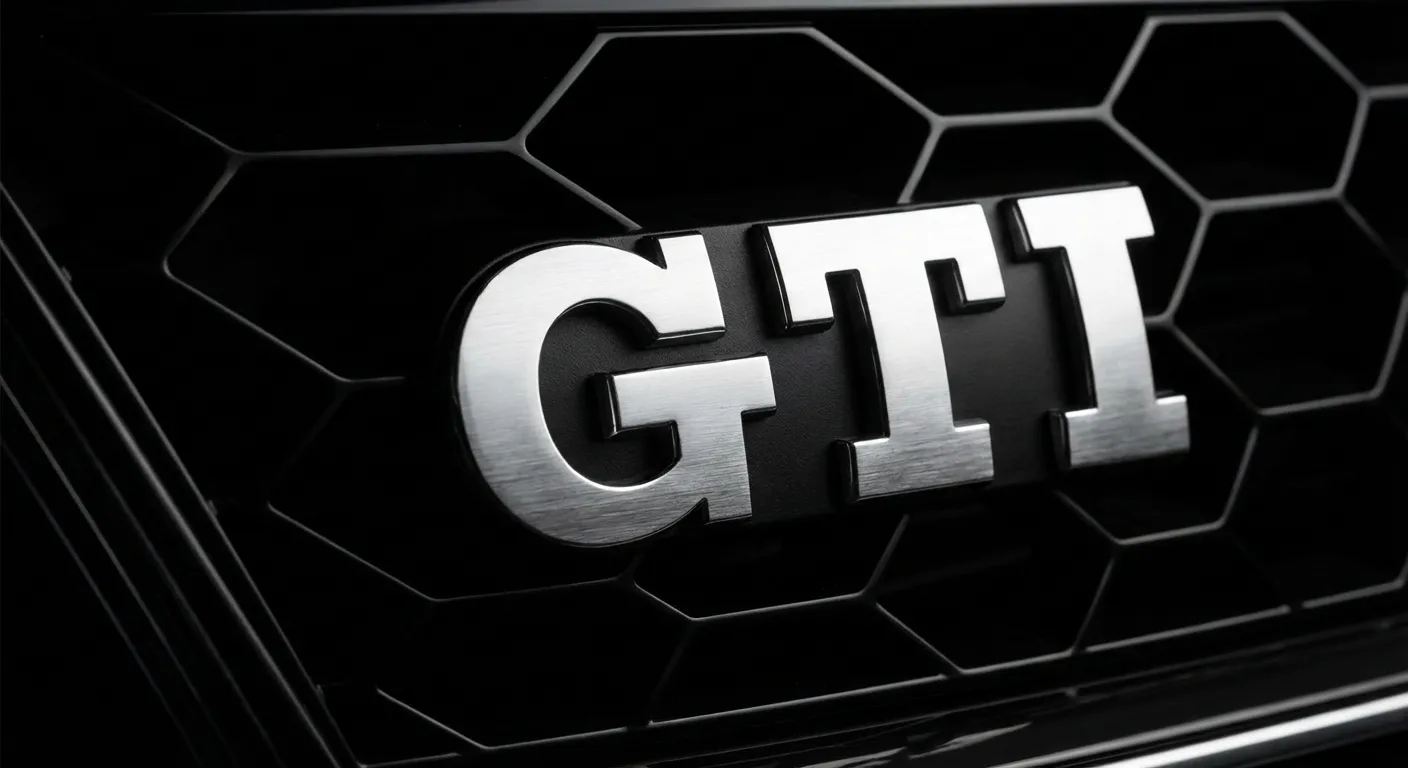 Gros plan contrasté sur le badge GTI de la calandre d'une Golf 6.