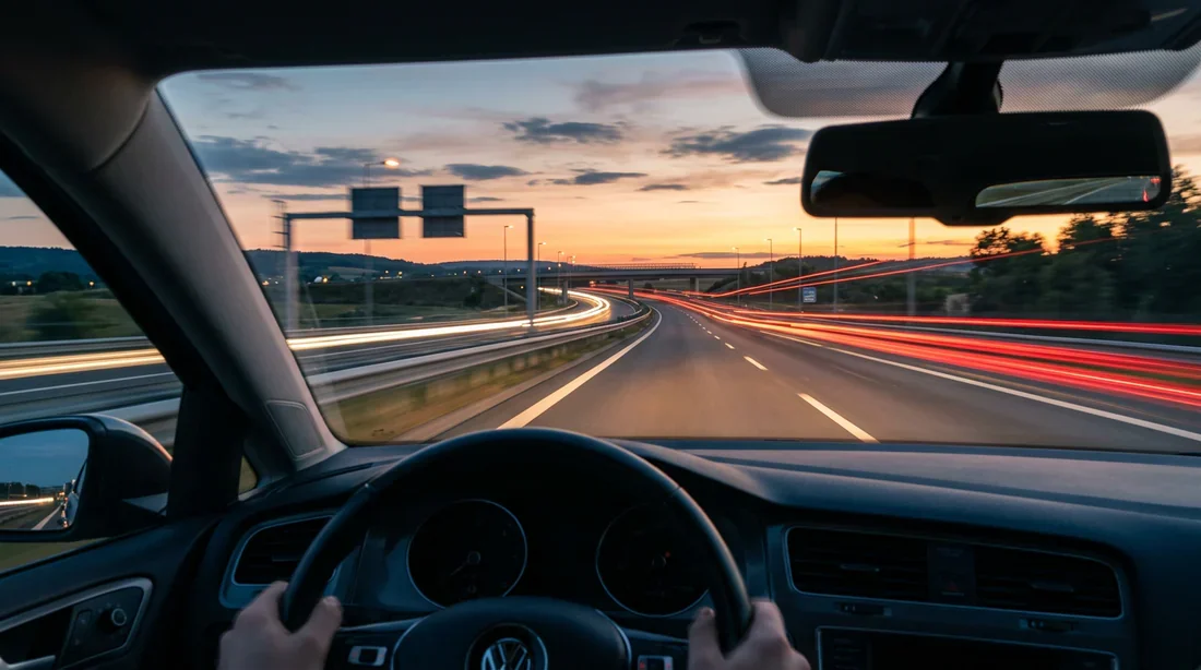 Vue intérieure du poste de conduite d'une Golf 7 illuminé la nuit