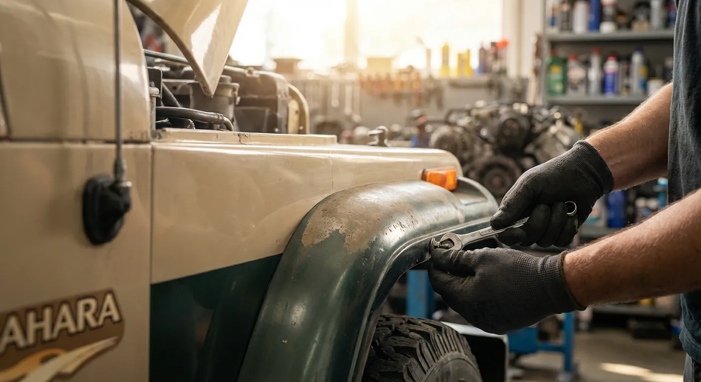 Des mains gantées travaillant méticuleusement sur les détails d'une réplique de la Jeep Wrangler YJ Sahara de Jurassic Park dans un atelier.