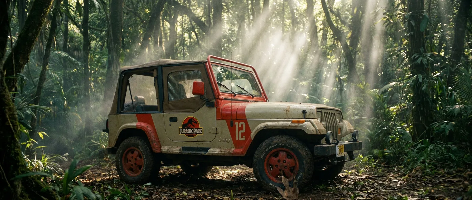 Une Jeep Wrangler YJ Sahara emblématique de Jurassic Park, majestueusement garée dans une jungle luxuriante sous des rayons de soleil dramatiques.