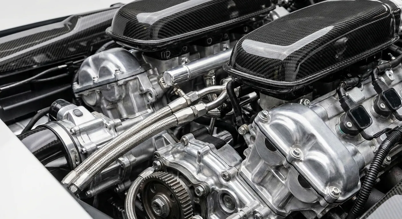 Vue macro détaillée du moteur V10 de la Lamborghini Huracán LP 610-4, révélant ses composants sophistiqués et la fibre de carbone.