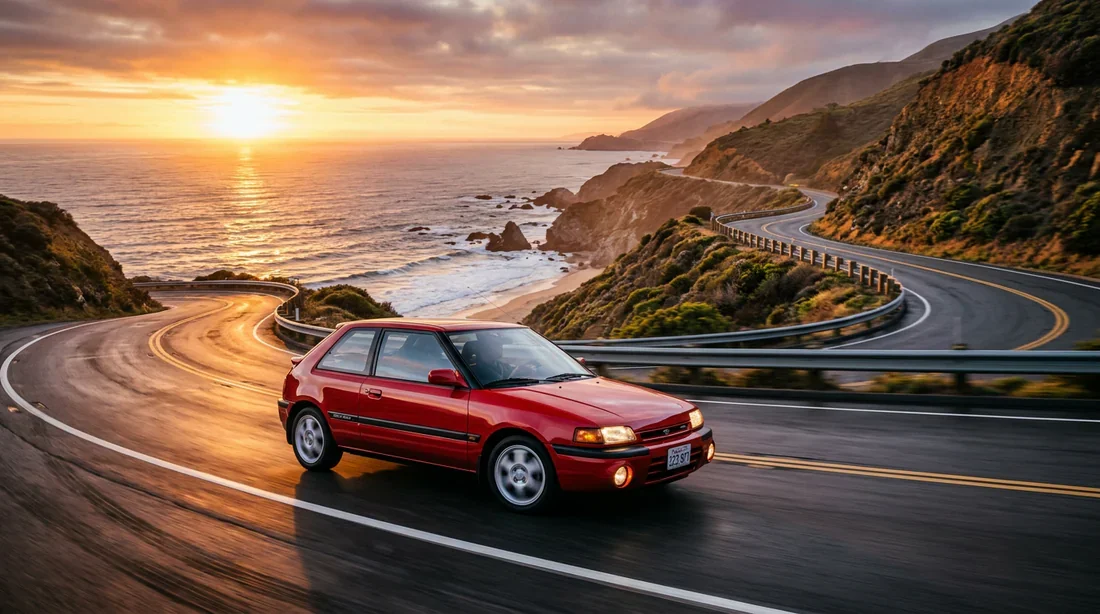Vue panoramique d'une Mazda 323 Sport sur une route côtière au coucher du soleil