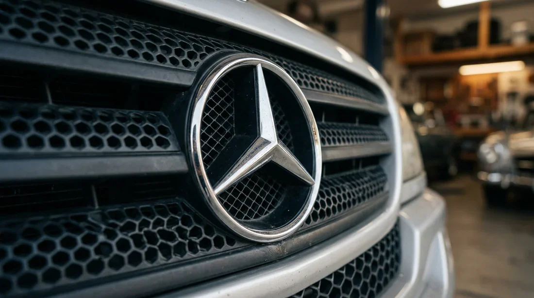 Vue cinématique d'un Mercedes ML W163 sur une route de montagne au coucher du soleil